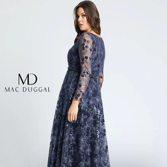 Size 24W navy blue long sleeve evening gown w/ silver metallic flowers Mac Dugga - Picture 11 of 17